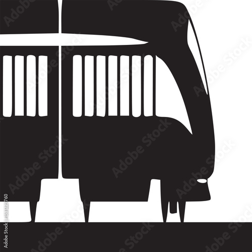 A black and white illustration of a high speed train on a track in a minimalist design style
