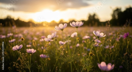 A field of wildflowers at sunset, bathed in golden light.
