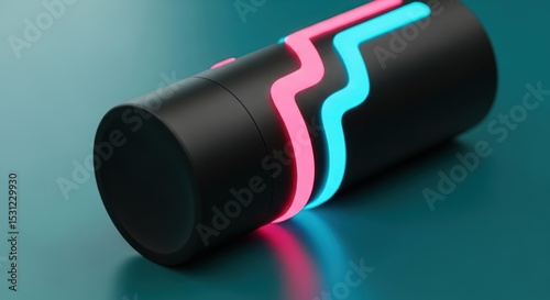 A black cylindrical object with vibrant pink and teal neon lines, angled on a teal surface.