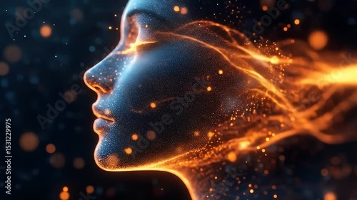 Profile of a serene woman, digital art, illuminated by flowing orange light particles