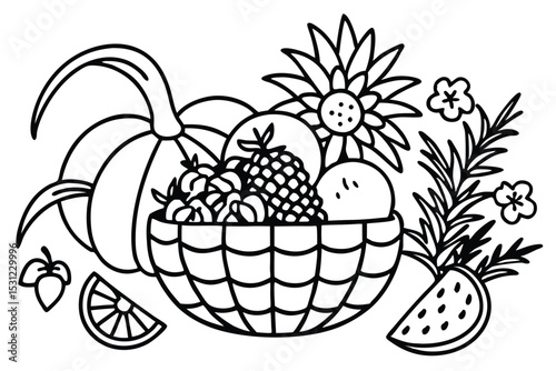 Artistic black and white illustration depicting a harvest basket overflowing with various fruits and flowers