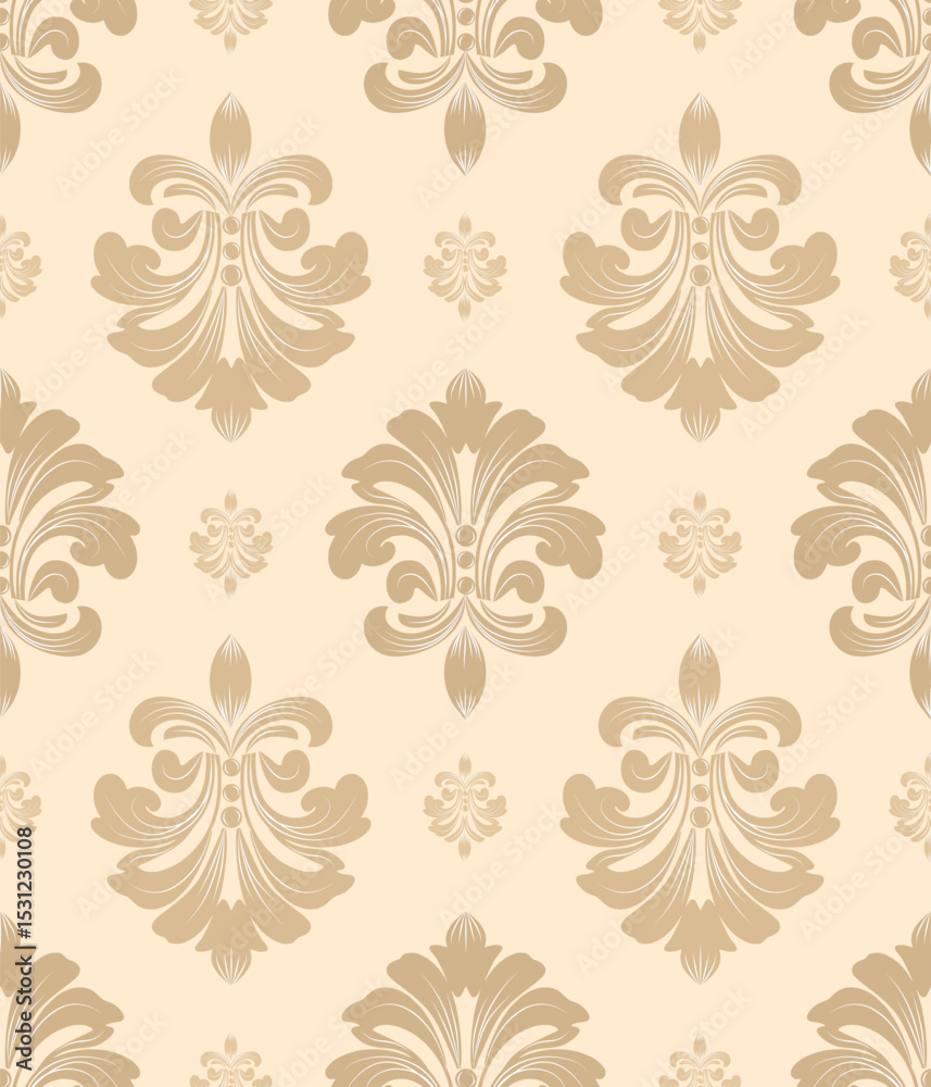 Fototapeta premium Damask seamless pattern with light brown flowers, vintage design, vector illustration elegant for textile, wall paper, curtains, cushion cover, bedding, scarf, upholstery fabric, wrapping, fashion