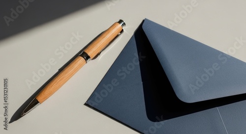 A wooden pen lies next to a closed, blue envelope on a light surface.