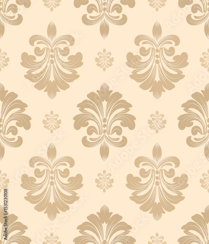 Damask seamless pattern with light brown flowers, vintage design, vector illustration elegant for textile, wall paper, curtains, cushion cover, bedding, scarf, upholstery fabric, wrapping, fashion