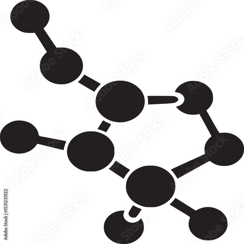 A black and white illustration of a molecular structure with several connected circular nodes and lines