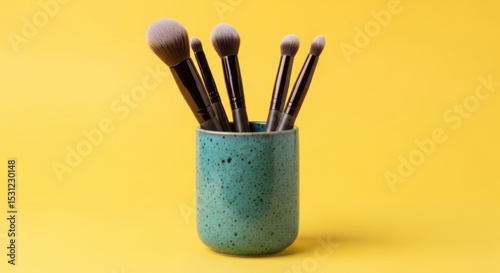 Makeup brushes stand upright in a teal ceramic container against a bright yellow backdrop.