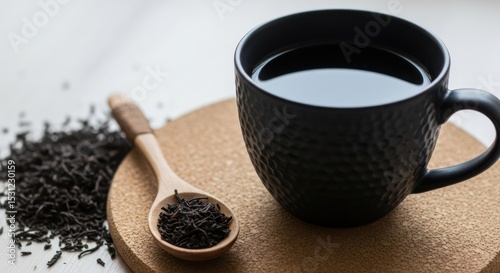 A hot brown coffee drink with roasted beans and a spoon, ready to be enjoyed