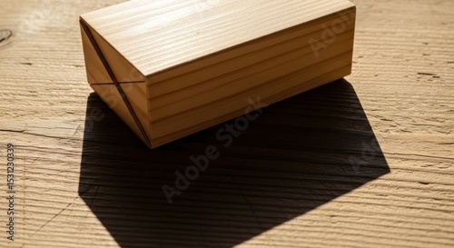 A wooden block casts a long shadow on a textured wooden surface.