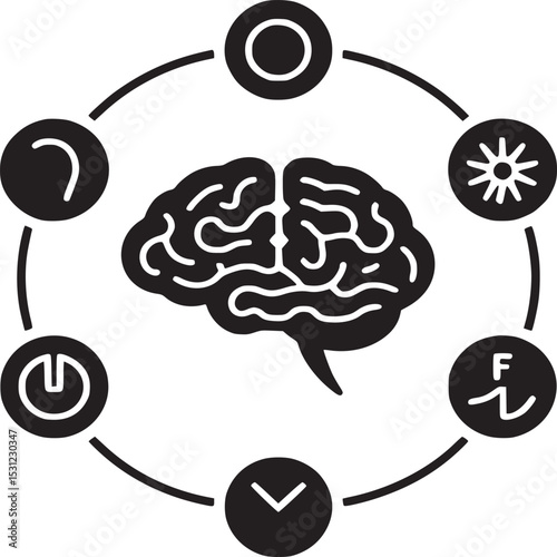 Black and white diagram of a brain surrounded by sensory and functional icons on a white background