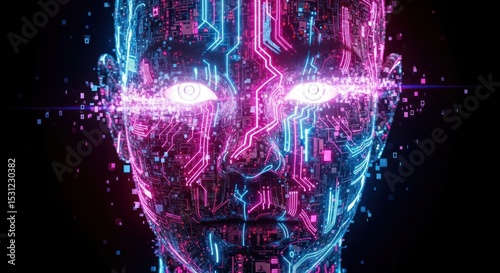 A vibrant digital portrait of a futuristic, glowing head, showcasing intricate circuit patterns.