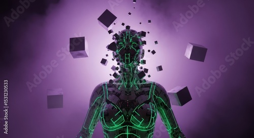Abstract digital representation of a person, surrounded by floating cubes, in a purple background.