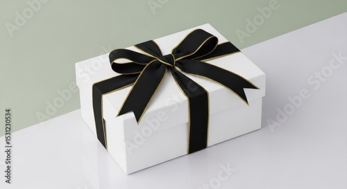 Elegant white gift box adorned with a sophisticated black ribbon and gold trim, resting on a minimalist surface.