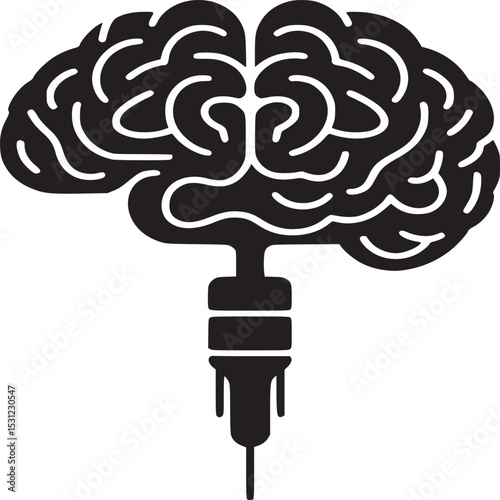 A black and white graphic of a human brain connected to a plug on a white isolated background