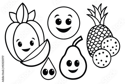 Cute smiling fruit characters in line art vector illustrating healthy eating and freshness perfect for children's design