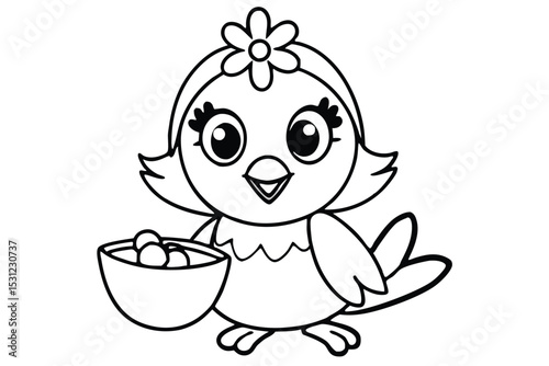 Adorable cartoon chick holding a bowl of eggs outlined for coloring pages or children's book illustrations