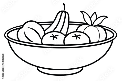 Black and white illustration of a bowl of fresh fruit including tomatoes and pears simple drawing
