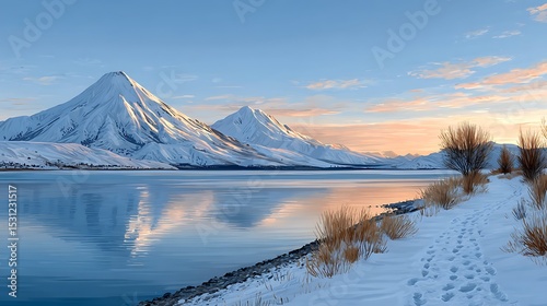 Scenic Sketch of Taranaki Mountain and Lake Pukaki with Snow-Capped Peaks