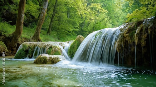 Stunning hyper-realistic waterfall cascading over mossy rocks in a serene forest setting