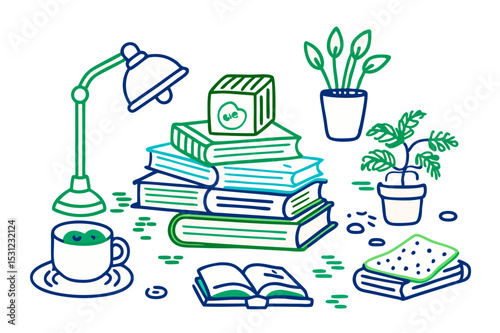 Cozy Reading Nook with Stack of Books, Plants, and a Cup of Tea