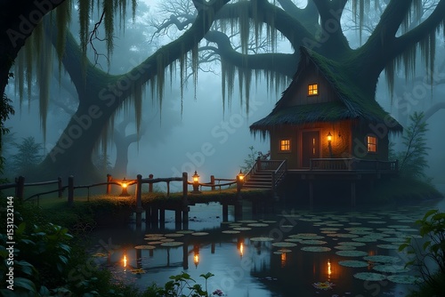 Enchanting cottage illuminated by lanterns surrounded by misty pond and ancient trees