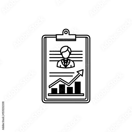 A business report on a clipboard depicts a graph with an upward trending arrow and a business person in the report