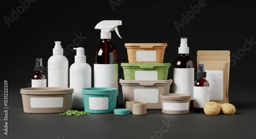 A collection of various cleaning and cosmetic product containers arranged on a dark surface.