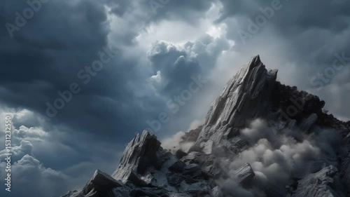 a mountain crumbling into pieces, dramatic collapse, shards of rock and dust, dynamic movement, dark clouds, intense atmosphere, surreal landscape, high detail, photorealistic, wide shot
