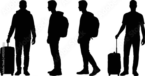 Silhouette of travelers with luggage and backpacks for travel and tourism related concepts vector art editable stock vector illustration