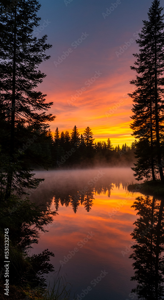 Obraz premium Majestic Sunrise over Misty Lake Reflected in Still Waters