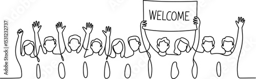 Welcome crowd illustration vector drawing people cheering with welcome sign and raised hands outline art 100 editable stock vector illustration