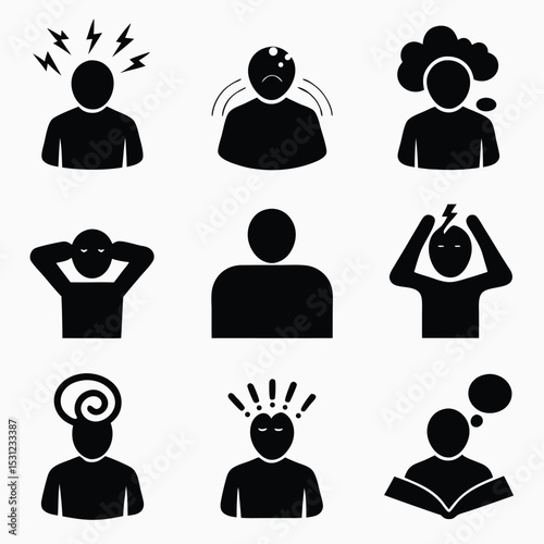 A set of mental health icons depicts various emotional states