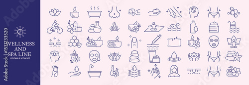 Wellness and Spa Line Editable Icons set. Vector illustration in modern thin line style of components of a healthy lifestyle, face and body care, recreation. Pictograms and infographics
