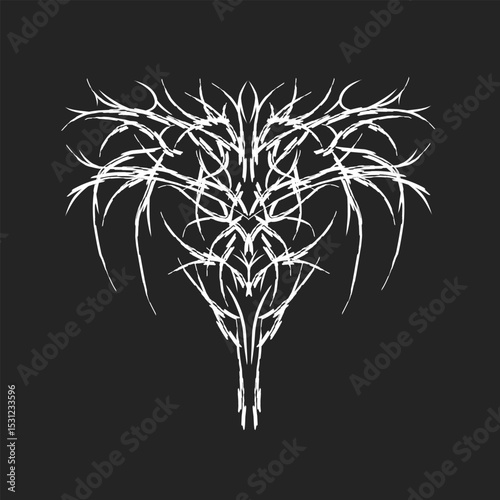 Neo-tribal abstract symmetrical shapes for t-shirts, posters, brutalism, metal hardcore, black and white vector design.
