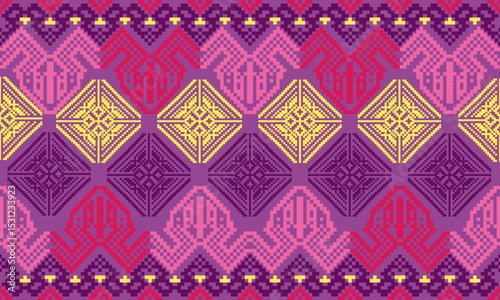 Pixel art ethnic, Pattern fabric pixel, design for background, clothing, decorative, drapery, cloth embroidery, geometric pixel art, handcraft, wallpaper, carpet, bag, card, cushions, Print, ethnic