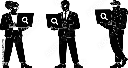 Searching online people using laptop for web search seo optimization and digital marketing strategy editable stock vector illustration