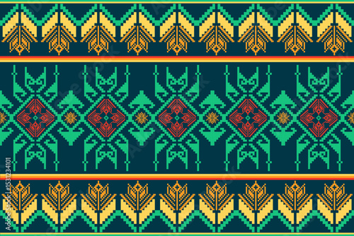 Pixel art ethnic, Pattern fabric pixel, design for background, clothing, decorative, drapery, cloth embroidery, geometric pixel art, handcraft, wallpaper, carpet, bag, card, cushions, Print, ethnic