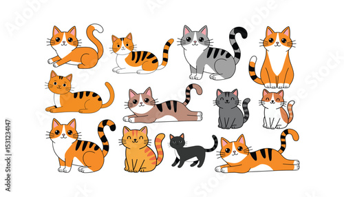 Animal pet cat playful, sleeping and scared. Cat body language vector set, vector illustration isolated on white background.