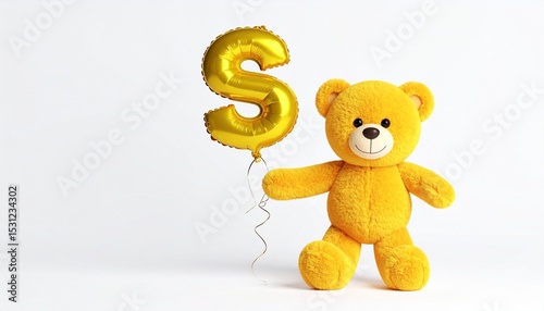 Cute yellow teddy bear with balloon letter S. Baby name reveal after child birth. Stuffed animal isolated on white background