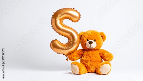 Cute orange teddy bear with balloon letter S. Baby name reveal after child birth. Stuffed animal isolated on white background