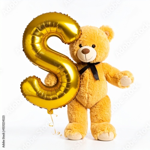 Cute yellow teddy bear with balloon letter S. Baby name reveal after child birth. Stuffed animal isolated on white background