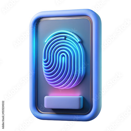 3d render of neon fingerprint scanner icon isolated on transparent background