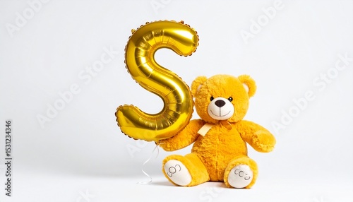 Cute yellow teddy bear with balloon letter S. Baby name reveal after child birth. Stuffed animal isolated on white background