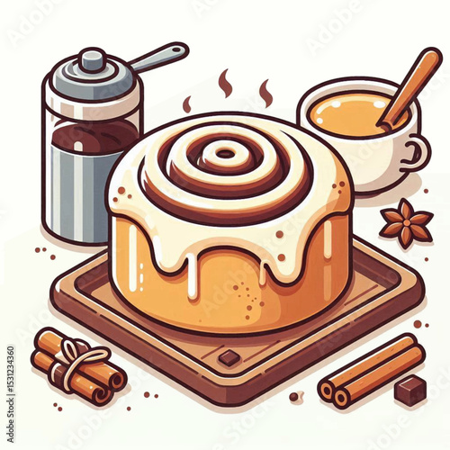 A cartoonstyle cinnamon roll sits on a tray with coffee spices and brown sugar nearby