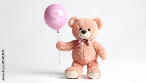 Cute pink teddy bear with balloon letter S. Baby name reveal after child birth. Stuffed animal isolated on white background