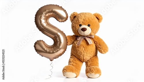 Cute brown teddy bear with balloon letter S. Baby name reveal after child birth. Stuffed animal isolated on white background