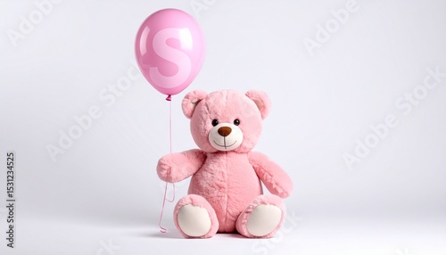 Cute pink teddy bear with balloon letter S. Baby name reveal after child birth. Stuffed animal isolated on white background