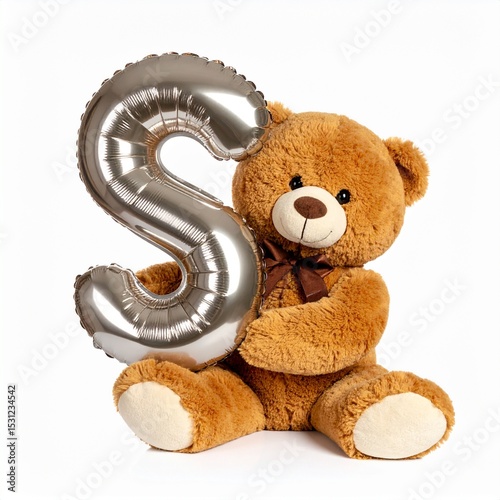 Cute brown teddy bear with balloon letter S. Baby name reveal after child birth. Stuffed animal isolated on white background