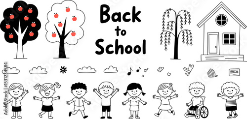 Back to school doodle vector illustration with kids trees and house for education and learning concept editable stock vector illustration