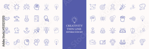 Creativity thin line icons set. Idea, creative solution and thinking, innovation icon. Editable stroke. Vector illustration