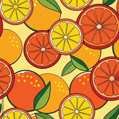 A vibrant citrus seamless pattern features fresh orange, lemon, lime, and grapefruit slices for a sweet, healthy, tropical fruit illustration